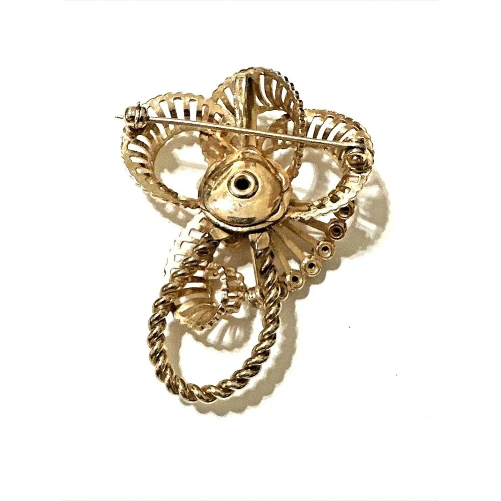 Vintage Gold Tone Ribbon Bow Brooch Crystal Rhinestone Filigree Pin 2